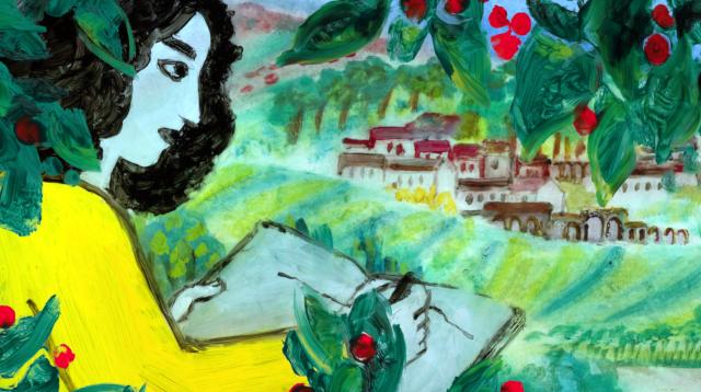Die Odyssee, Szenenbild aus dem Animationsfilm: Eine Mädchen mit schwarzen Haaren sitzt am linken Bildrand in einem Kirschbaum und zeichnet. In der Ferne ist ein Dorf zu erkennen.