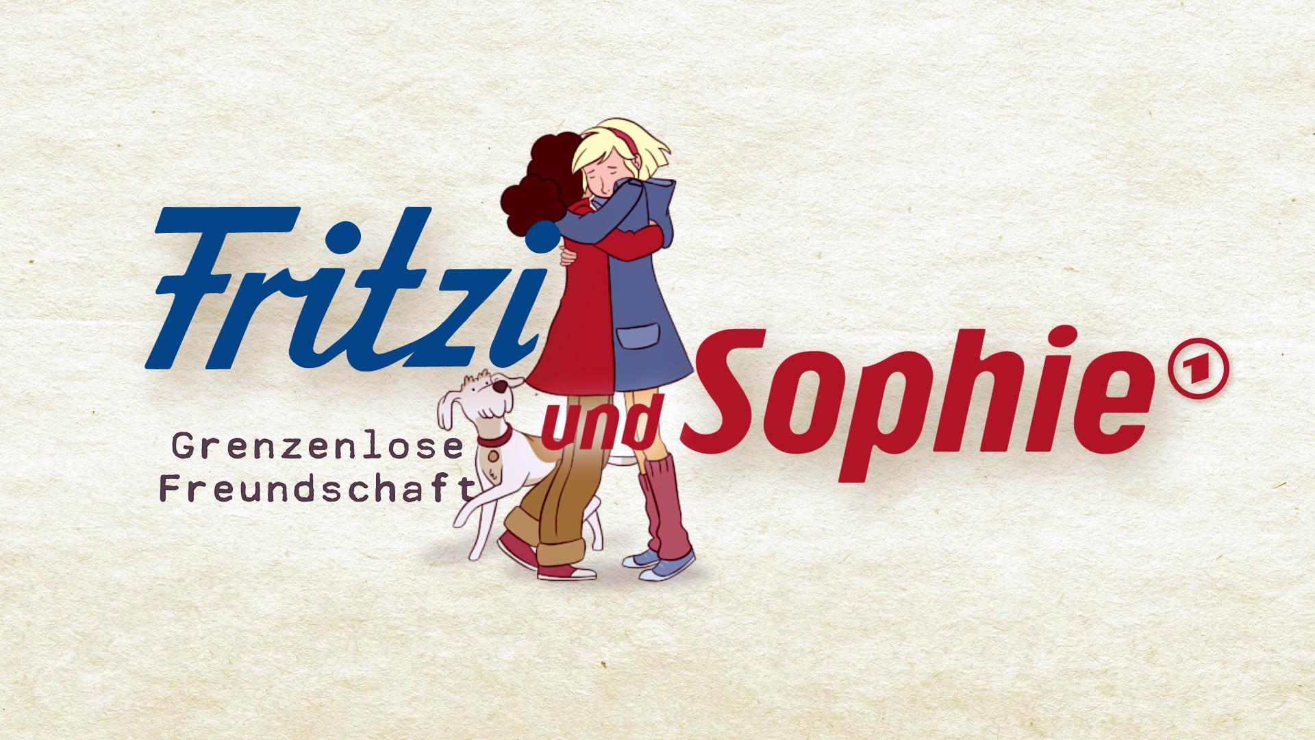 Plakat zur Animationsserie FRITZI & SOPHIE – UNZERTRENNLICHE FREUNDSCHAFT:Zwei Mädchen stehen zentral im Bild und umarmen sich. Ein kleiner Weißer Hund ist zu ihren Füßen.