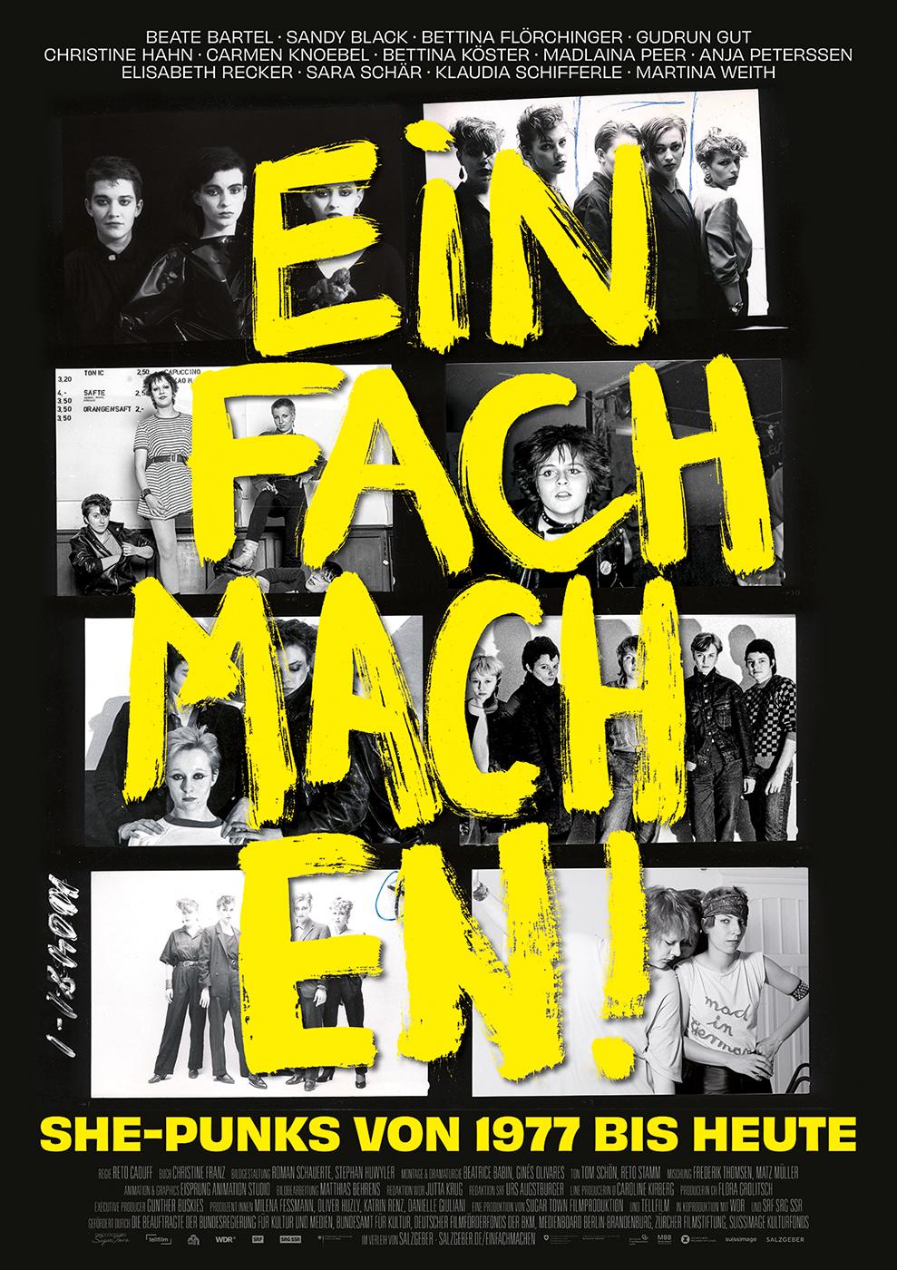 Plakat zum Dokumentarfilm EINFACH MACHEN! SHE-PUNKS VON 1977 BIS HEUTE: Auf einer Collage mit schwarz-weißen Bandfotos steht bildfüllend in gelben Buchstaben der Filmtitel.