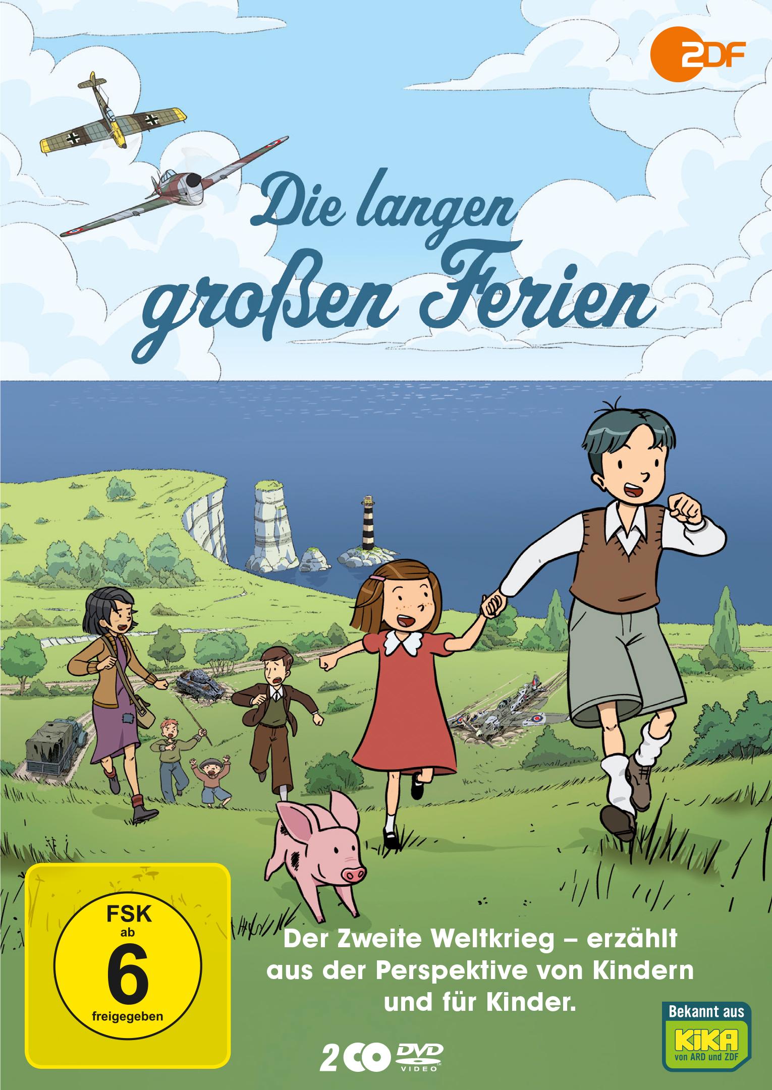 DVD-Cover zur Animationsserie DIE LANGEN GROSSEN FERIEN: Gezeichnete Kinderfiguren laufen lachend an einer Steilklippe entlang. Oben links fliegen zwei Kampfflugzeuge. Mittig ist der Titel der Serie platziert.