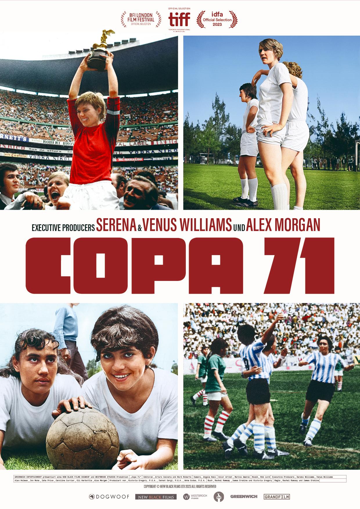 Plakat zum Dokumentarfilm COPA 71: Der Filmtitel steht zentral in dicken, roten Buchstaben. Oben und unten sind je vier Fotos von Fußballerinnen aus den 1970er-Jahren