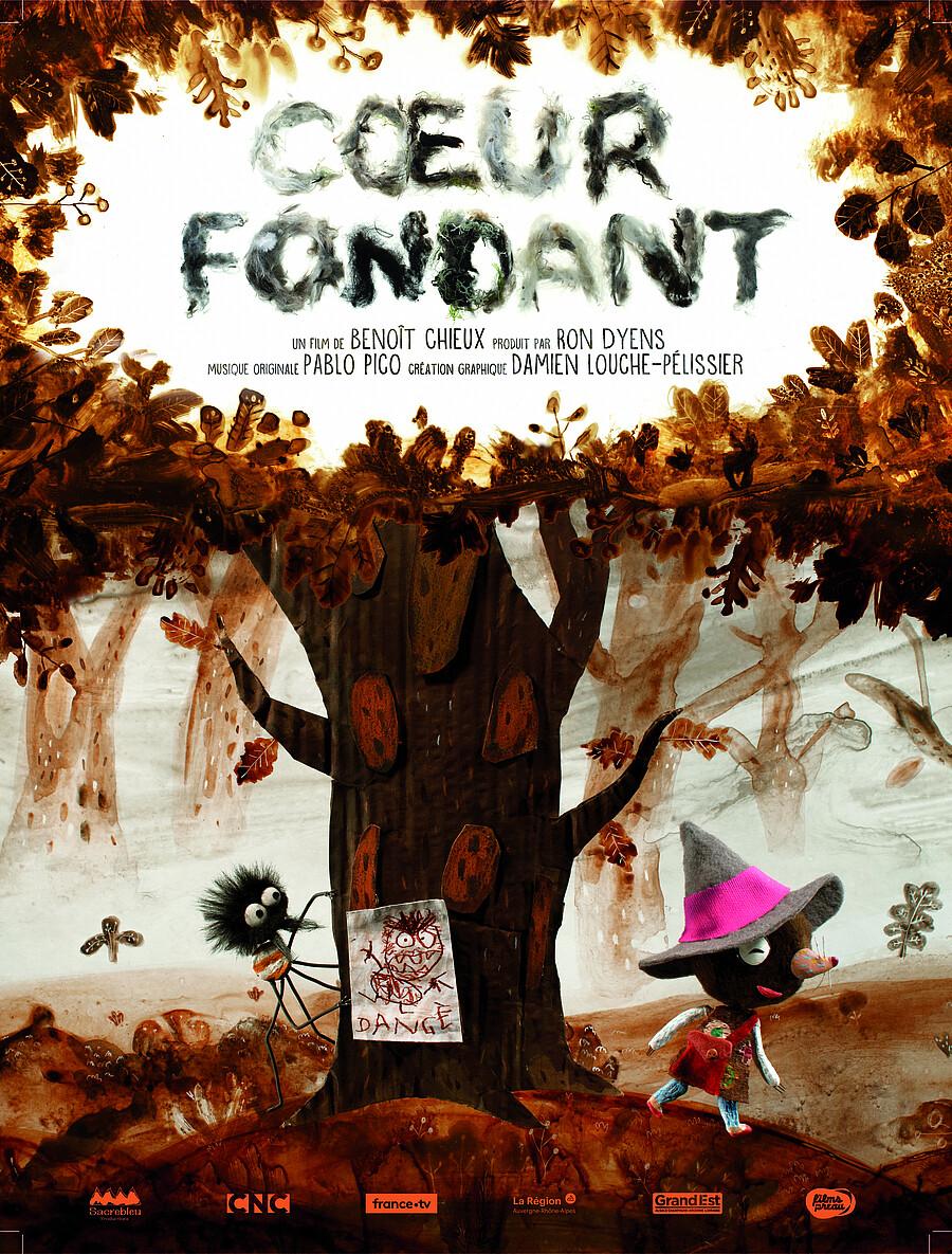 Französischsprachiges Filmplakat zum Animationsfilm CŒUR FONDANT: Rechts uns links von einem Baum befinden sich zwei Gestalten. Auf dem Stamm ist ein Palakt zu sehen, auf dem vor einem zähnefletschenden Wesen gewarnt wird.