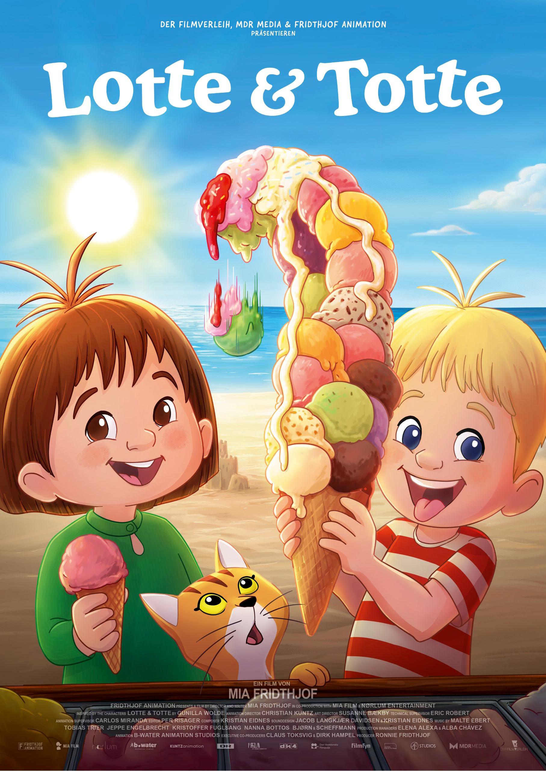 Filmplakat zum Animationsfilm LOTTE & TOTTE: Zwei kleine Kinder stehen lachend am Strand. Das eine Kind hält eine Waffel mit vielen bunten Eiskugeln in der Hand. Eine kleine Katze schaut nach oben und stellt erschrocken fest, dass die oberen Kugel schmelzen. Das andere Kind hat nur ein Eis mit einer Kugel.
