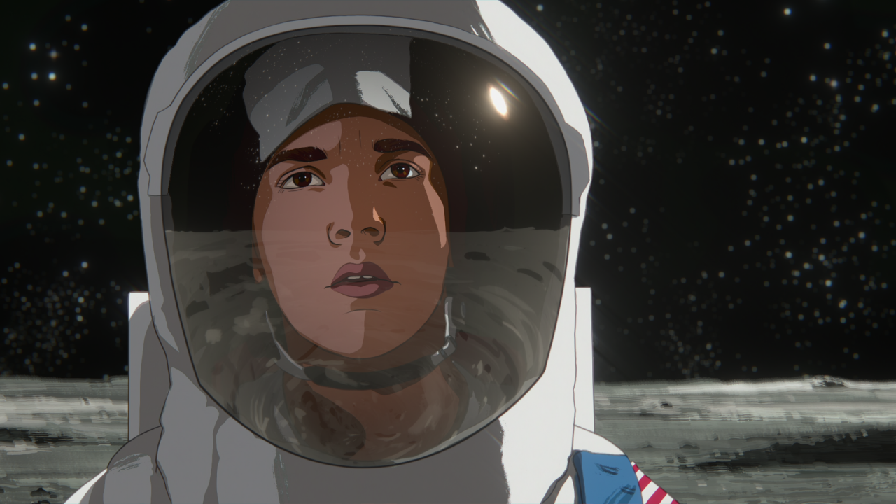 Animationsbild: Nahaufnahme eines Jungen, der mit Astronautenhelm auf dem Mond steht und vor ihm hin schaut. 