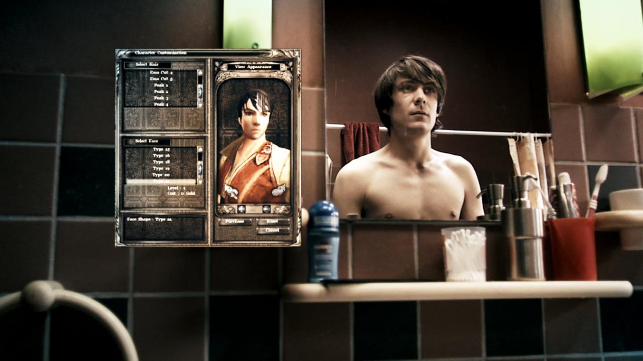 Junger Mann ohne Hemd im Badezimmer mit einem Computerspiel-Avatar im Spiegel, der das Aussehen anpasst.