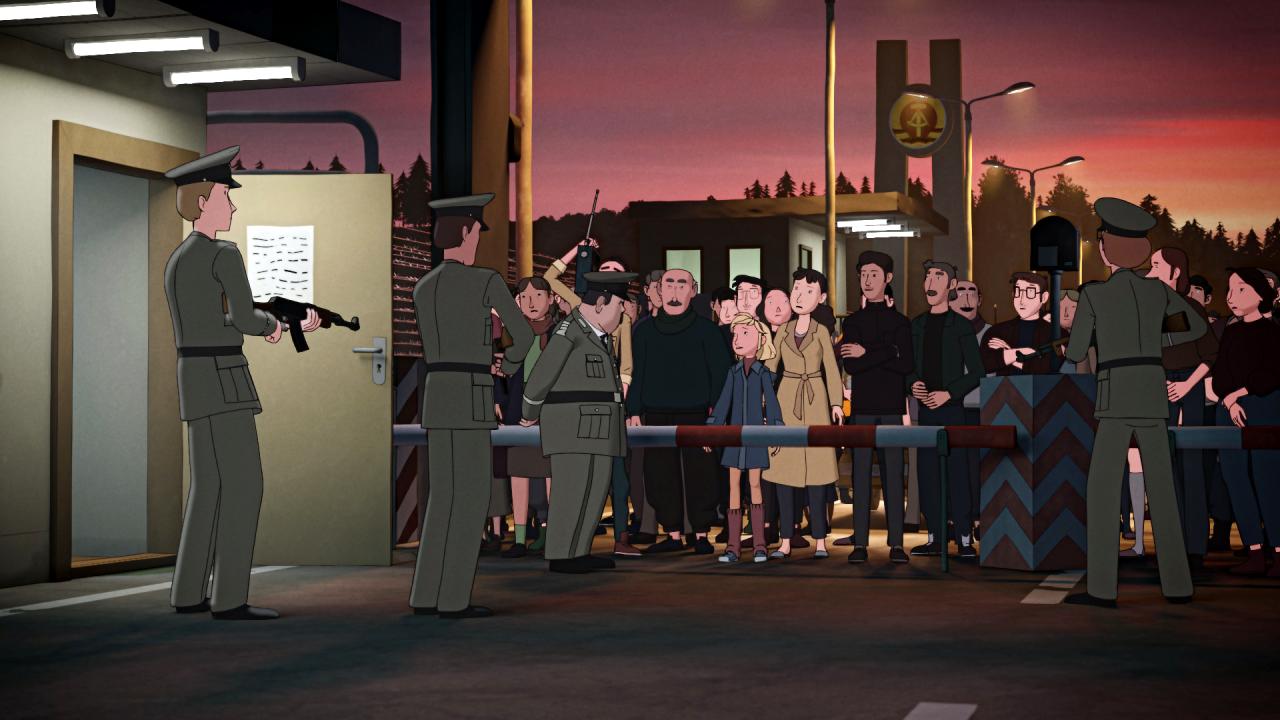 Szenenbild aus der Animationsserie FRITZI & SOPHIE – UNZERTRENNLICHE FREUNDSCHAFT: Abendliche Stimmung an der deutsch-deutschen Grenze. Auf der Seite der DDR stehen Menschen, ihnen gegenüber Grenzbeamte.