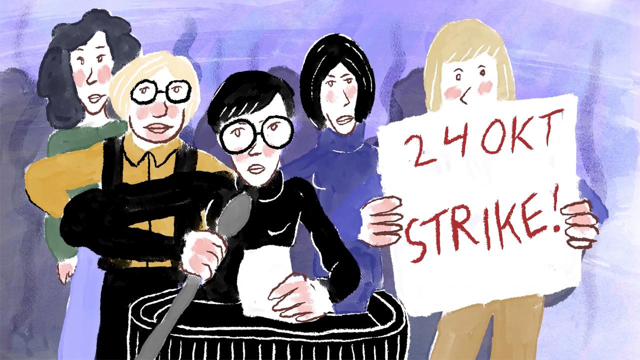 Still aus dem Dokumentarfilm EIN TAG OHNE FRAUEN: Zeichnung von fünf Frauen. Eine hält ein Plakat hoch, auf dem "24 Okt Strike!" steht.