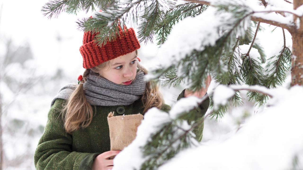 Weihnachten im Zaubereulenwald, Szenenbild: Nahaufnahme: Ein Mädchen im grünen Mantel und mit roter Mütze steht neben zugeschneiten Fichtenzweigen.