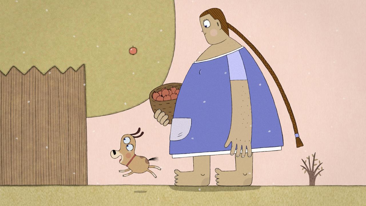 Still aus der Zeichentrickserie LENAS HOF: Eine runde Frau mit langem Zopf läuft mit einem Korb Äpfeln. Vor ihr spingt ein kleiner Hund.