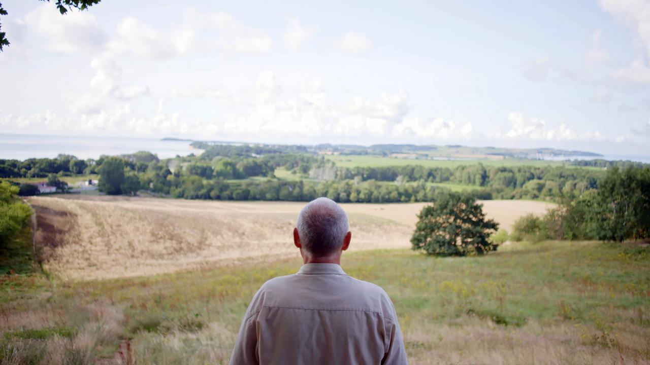 Still aus dem Dokumentarfilm WEM GEHÖRT MEIN DORF?: Rückenansicht einer männlichen Person vor einer Küstenlandschaft