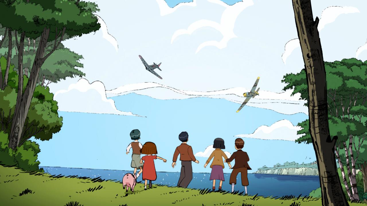 Still aus der Animationsserie DIE LANGEN GROSSEN FERIEN: Fünf Kinderfiguren in der Rückenansicht stehen am Meer und sehen in den Himmel, wo zwei Kampfflugzeuge fliegen.