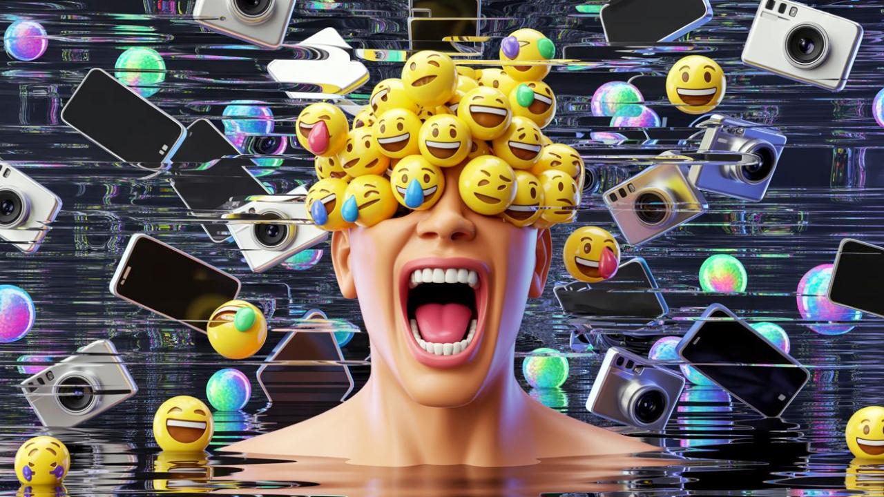 Bild, das mit KI hergestellt wurde: Nahaufnahme einer Person, die bis zum Hals im Wasser steht. Sie schreit. Ihre Augen sind von bunten Smiley-Kugeln bedeckt. Um sie herum fliegen Handys und Digitalkameras.