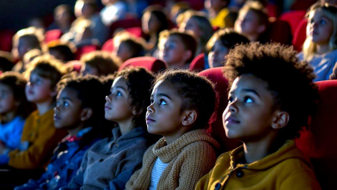 Mädchen und Jungen im Grundschulater sitzen in einem Kino und schauen zur Leinwand.