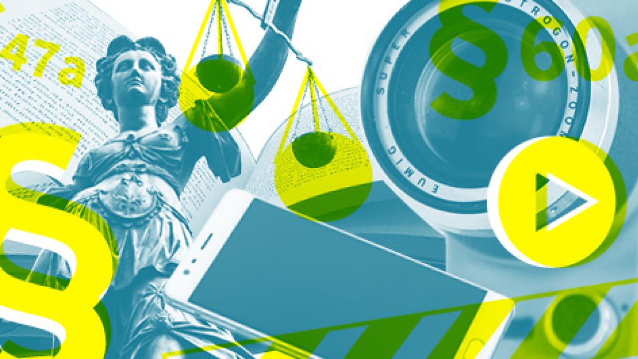 Collage Filmarbeit und Urheberrecht mit Paragrafen, der Justitia, Kameralinse und Handy