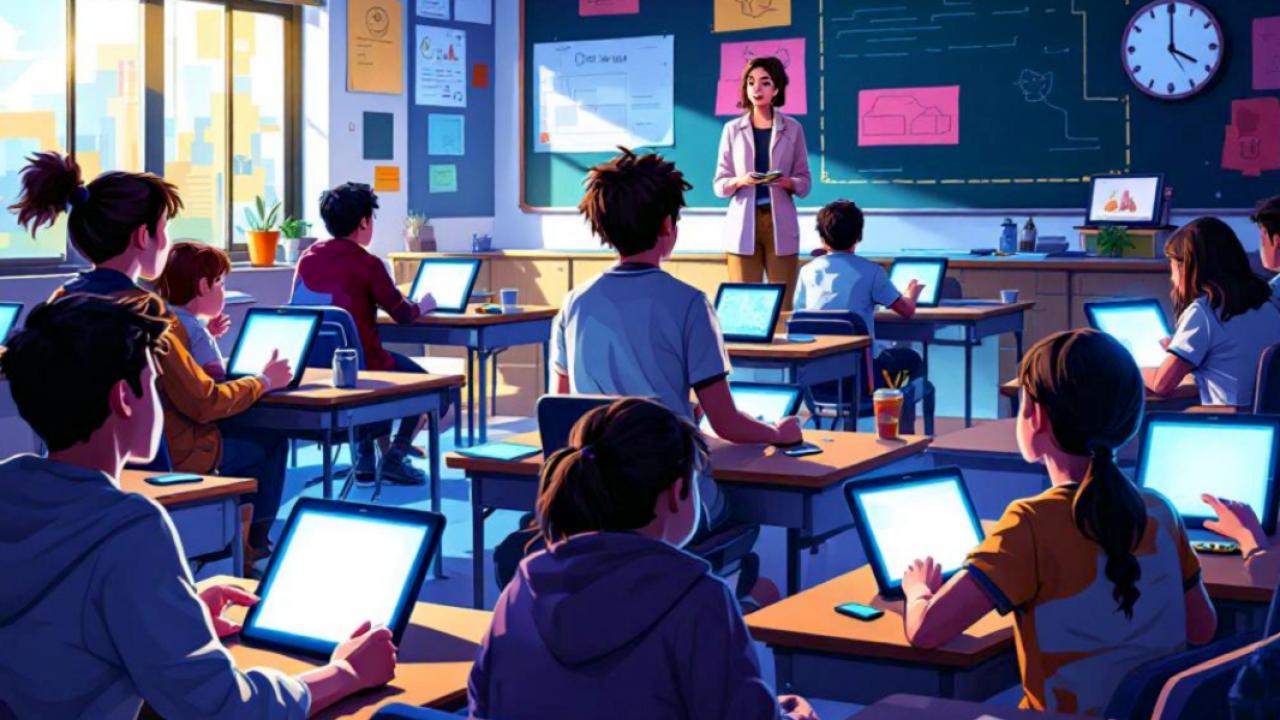 Bild einer Unterrichtssituation in einem Klassenzimmer. Die Kinder sitzen an Tischen und haben ein Tablett vor sich. Vorne steht eine Lehrerin.