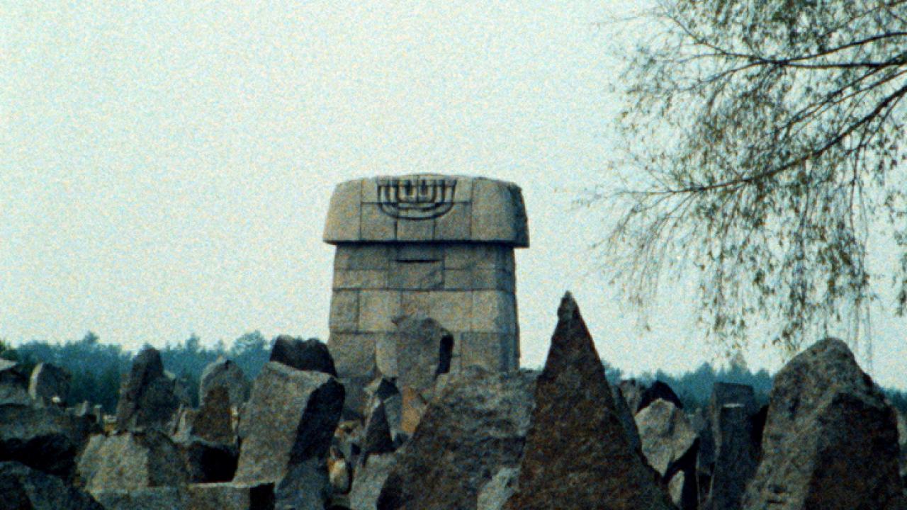 Filmstill aus dem Dokumentarfilm SHOAH: Zwischen spitzen Steinen steht ein Gedenkstein, in dem ein achtarmiger Kerzenleuchter eingraviert ist.