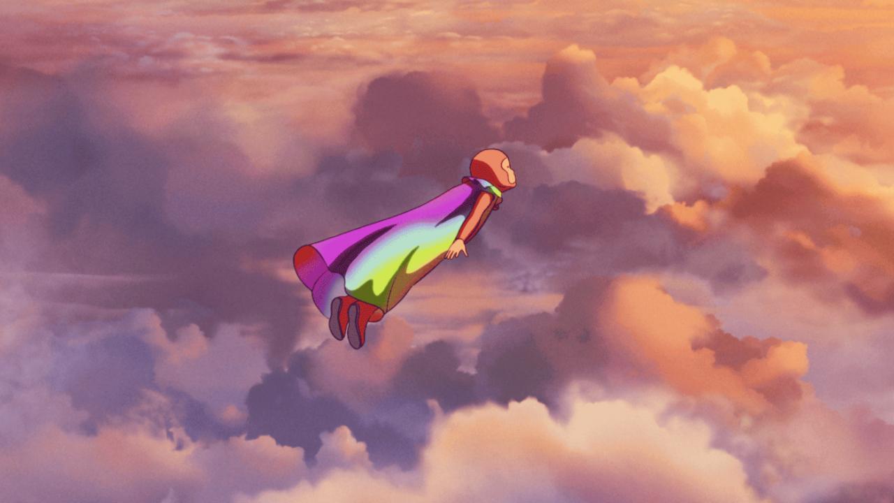 Filmstill aus dem Animatonsfilm ARCO: Vor einem bewegten, rosa-orangefarbenenm Wolkenhimmel fliegt in der Bildmitte eine Figur mit buntem Umhang.