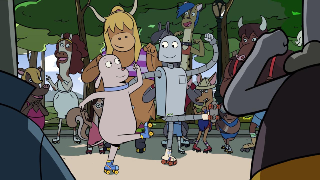 Szenenbild aus dem Animationsfilm ROBOT DREAMS: Umgeben von verschiedenen Tieren, die ihnen zuzujubeln, tanzen ein Hund und ein Roboter in synchronen Bewegungen auf Rollschuhen